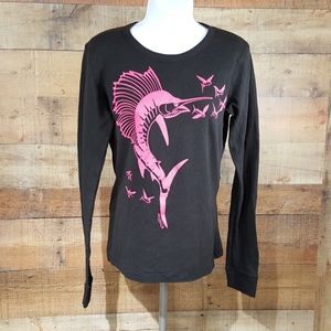 Sporty Girl Thermal Top Women's Long Sleeve Sailfish Graphics Black Pink